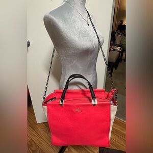 Kate Spade Orange and ivory Large Satchel Leather hang bag EUC with dust bag.